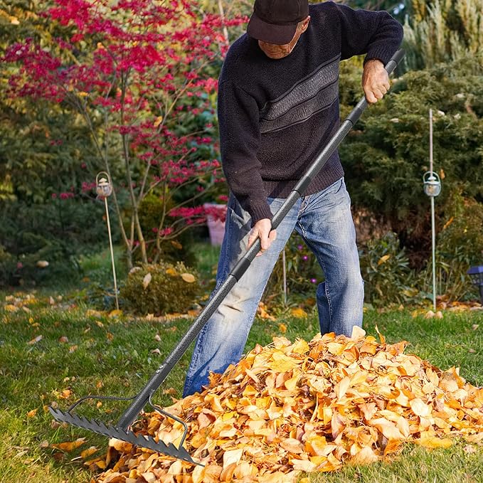 63'' Bow Rake ，17 Tines Metal Head Rakes with Stainless Steel Handle，Heavy Duty Garden Rakes for Loosening Soil Gathering Leaf Leveling Lawn Farming Land Management Yarn Thatch