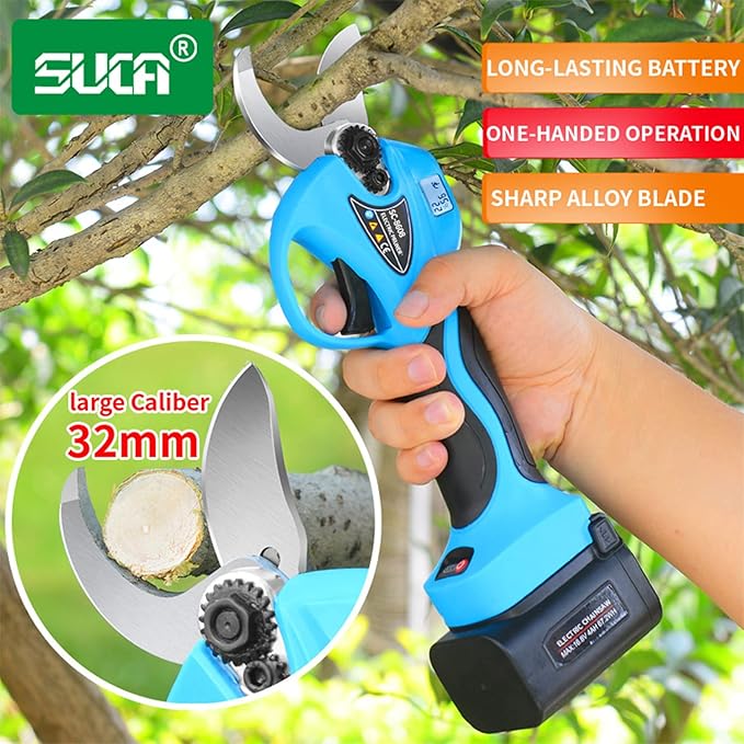 SUCA Electric Pruning Shears Pruning Shears Pruning Shears Tree Pruner Branch Cutter Pruners for Gardening with 2pcs 2Ah Lithium Battery 4-7 Working Hours Tree Branch Pruner (blue28mm+chainsaw)