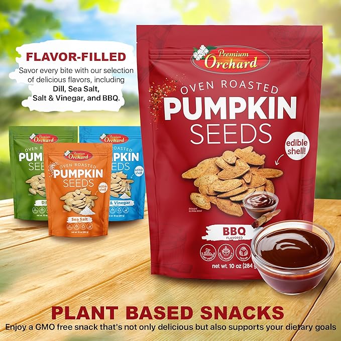 PREMIUM ORCHARD Flavored Pumpkin Seeds Oven Roasted | BBQ | High Protein Snacks for Kids and Adults | Vegan Snack | Non GMO | KETO