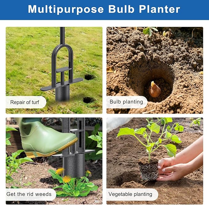 Garden Grass Plugger Tool with Long Handle Sod Turf Plugger Steel Bulb Planter with Soft Rubber Grip Plants Transplanter Tool for Digging Holes, Repair of Turf, Transplant Seedling
