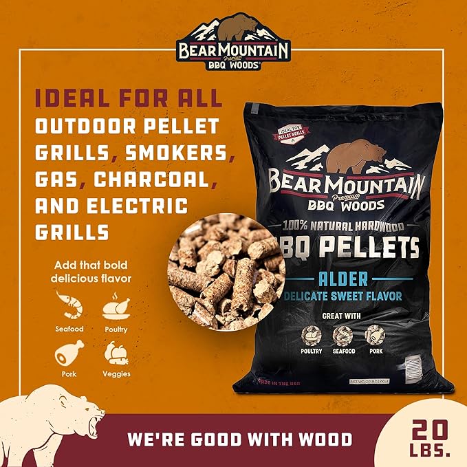 Bear Mountain All Natural Wood Pellets for Smoker, Grill & BBQ, 20 Lbs, Alder - Premium Hardwood Barbecue Pellet Accessories for Indoor and Outdoor Grilling