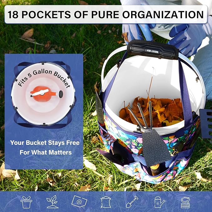 KUNN 18-Pocket Bucket Tool Organizer | Heavy-Duty 5 Gallon Bucket Caddy with Hangable Handle | Gardening Tool Bag & Garden Caddy Accessory for Gardeners, Blue