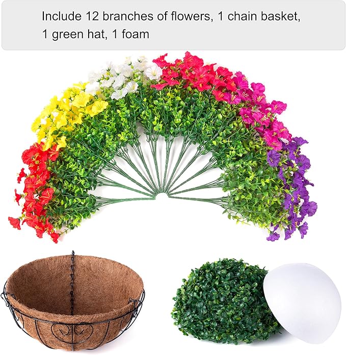 Artificial Faux Hanging Plants Flowers for Outdoors Baskets Spring Outside Decor, Fake Silk Morning Glory in Planter Look Real UV Resistant Outdoor Flowers for Porch Patio Balcony Garden Yard Home