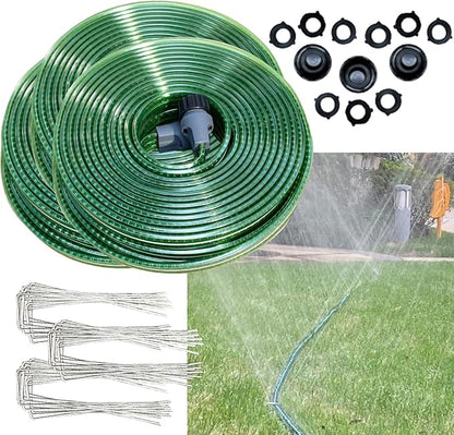 150 FT (50FT*3) Flat Sprinkler Hose for Lawn Watering Garden Soaker Hose with Holes, Heavy Duty Lightweight No-Kink Water Hose with Stakes, Irrigation Hose, Great Fun for Kids and Dog