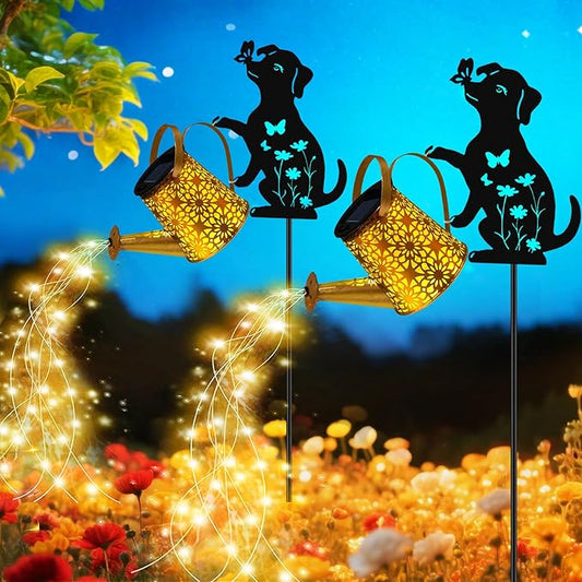 Solar Lights Outdoor, Dog Solar Watering Can Lights, Birthday Gifts for Women Mom Mother's Day Christmas, Waterproof Metal Hanging Lantern Garden Decor Outside Patio Yard Pathway Backyard, 2 Pack