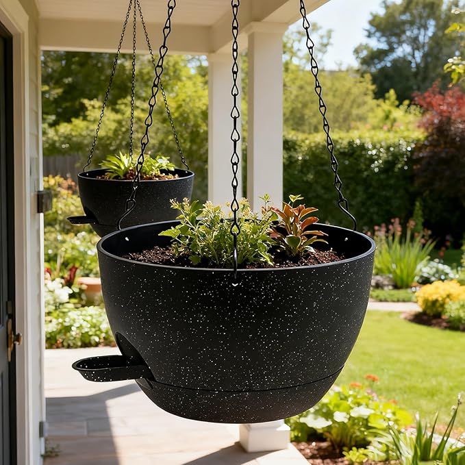 WOUSIWER Self Watering Hanging Planters, 2 Pack 10'' Plastic Pots with Drainage Holes & Reservoir Tray (Speckled Black) | Indoor & Outdoor Use for Ferns, Ivy, Herbs, Succulents