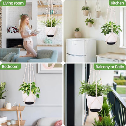 2-Pack 7.2-Inch Self-Watering Hanging Planters for Indoor & Outdoor Plants,34-Inch macrame hanger plant pots indoor with drainage,Small Hanging Planters & Baskets in White,With two sets of hooks