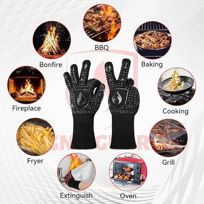 BBQ & Grill Gloves, Oven Gloves, 1472°F Silicone Oven Mitts Heat Resistant Grilling Gloves Fireproof Non-Slip for Barbecue Cooking Baking Smoking, 1-Pair Black（L）