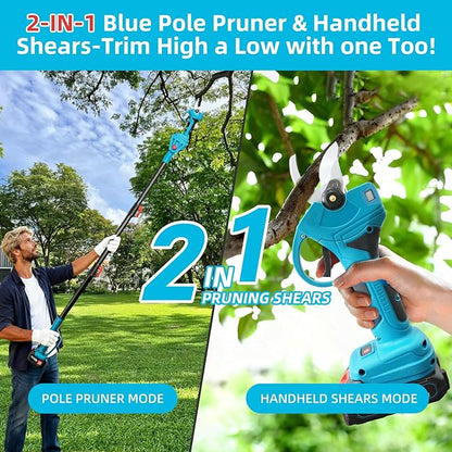 2-IN-1 Brushless Pole Pruning Shear, 2 * 2000mAh Battery, 15ft Reach 1.2" Cutting Diameter, Battery Powered Cordless Electric Pruning Shears, Pole Pruner for Garden Tree Trimming Branch Cutting