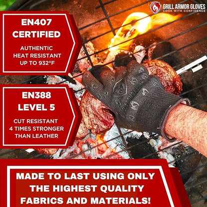 Grill Armor Oven Gloves 932°F Extreme Heat & Cut Resistant Oven Mitts with Fingers for BBQ, Cooking, Grilling, Baking – Accessory for Smoker, Cast Iron, Fire Pit, Camping, Fireplace and More