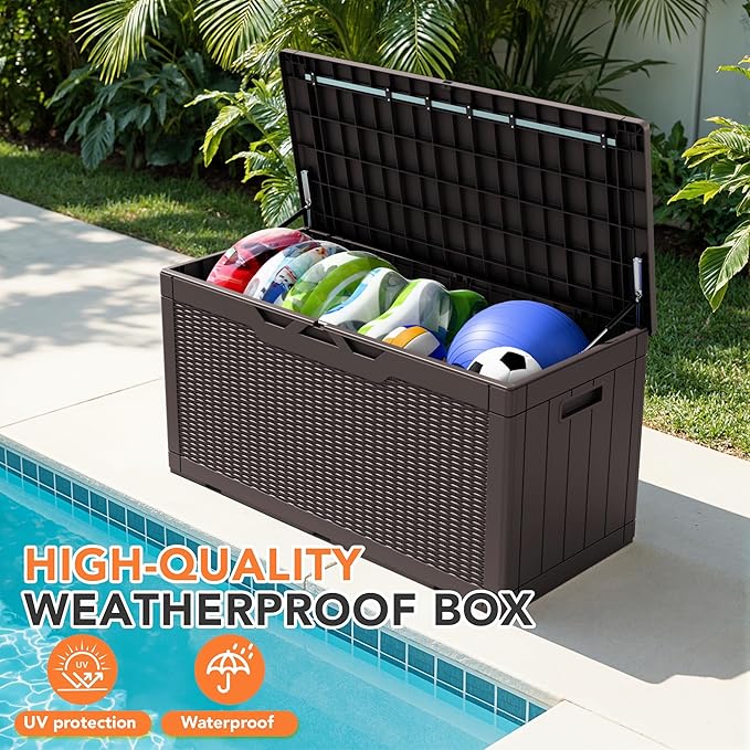 105 Gallon Deck Box Outdoor Indoor Waterproof Storage Box for Patio Furniture, Pool Accessories, Garden Tools, and Cushion Storage, Brown