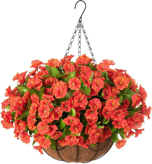 Artificial Fall Hanging Flower Plants with Basket for Summer Autumn Outdoor Decoration, Faux Petunias Flowers Fake Morning Glories Planter for Outside Patio Garden Porch Balcony Yard Decor(Orange)