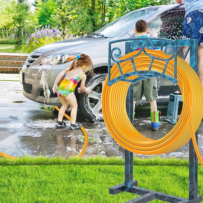 Garden Hose Holder, Heavy Duty Metal Water Hose Holders Hose Stand with 5 Spikes, Freestanding Hose Storage Rack Hose Hanger Holds 150ft Hose for Outside Yard Lawn Garden Decor (Retro Blue)