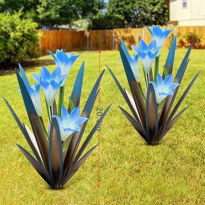 Homight Metal Agave Plant Outdoor Decoration Lily Mexican Yard Art Garden Gift Home Decor Hand Painted Metal Agave Garden Yard Statue, Outdoor Lawn Ornaments (2 Big Blue Lilies)