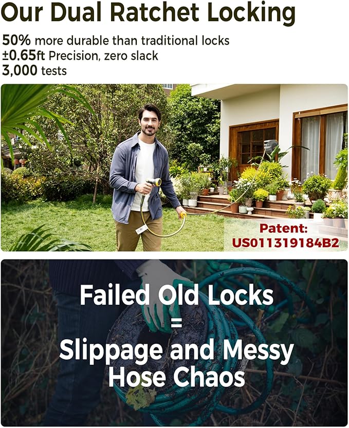 GLAHODEN Retractable Garden Hose Reel 5/8 in x 100 ft Upgraded UV Resistant Heavy Duty Automatic Hose Reel Wall Mount 3/4 in Brass Fitting 9 Pattern Nozzle Any Length Lock Slow Retraction