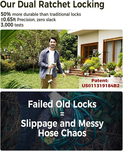 GLAHODEN Retractable Garden Hose Reel 5/8 in x 100 ft Upgraded UV Resistant Heavy Duty Automatic Hose Reel Wall Mount 3/4 in Brass Fitting 9 Pattern Nozzle Any Length Lock Slow Retraction