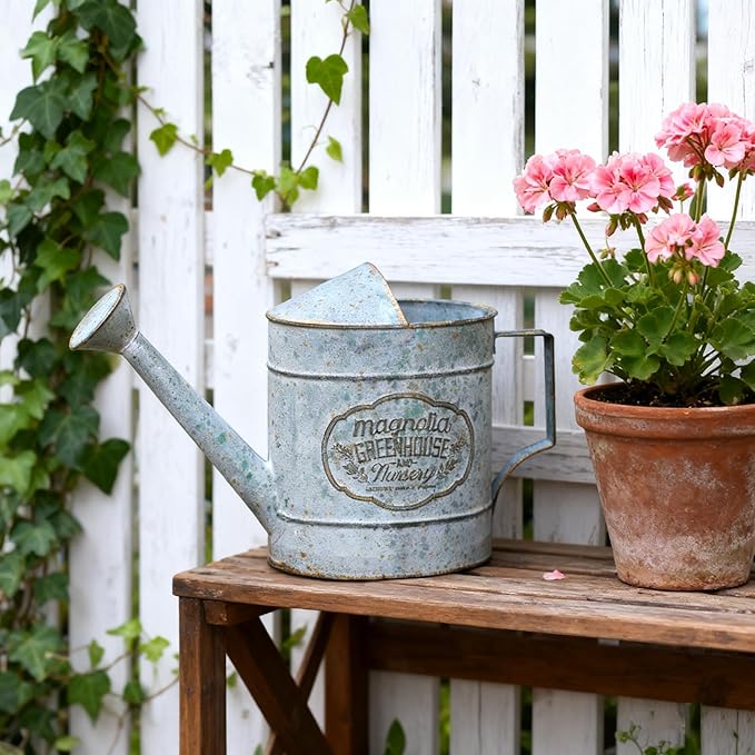 Vintage Galvanized Metal Watering Can, Magnolia Greenhouse Design, Decorative Watering Pot, Functional Garden Waterer for Indoor Outdoor Plant Care, Rustic Decor for Home Garden Patio