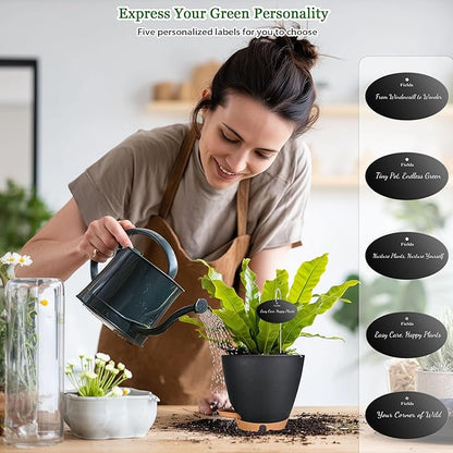 Self Watering Pots for Inoor Ourdoor Plants 8/7/6.5/6/5 Inch Plastic Planters with Drainage Holes & Water Level Indicator, Decorative House Flower Nursery Planting Pots with Saucers (Black)