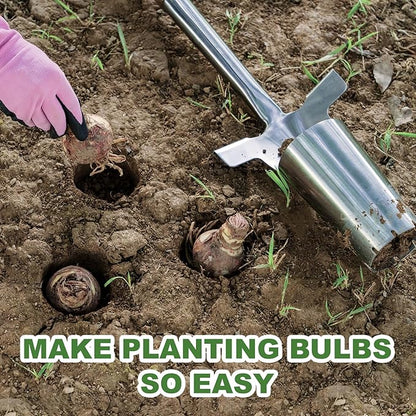 Long Handled Bulb Planter Tool, 37'' Bend-Proof Stainless Steel Bulb Planter, 4'' Depth Marks Long Handled Hole Digger, Bulb Planter with Comfortable T-Shaped Long Wood Handle for Planting Tulips