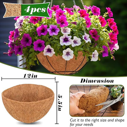 ZeeDix 4 PCS 12 Inch Coconut Liners for Planters, Round Hanging Basket Liners Natural Coco Coir Replacement Liner for Flowers Vegetables Patio Porch Garden Decor