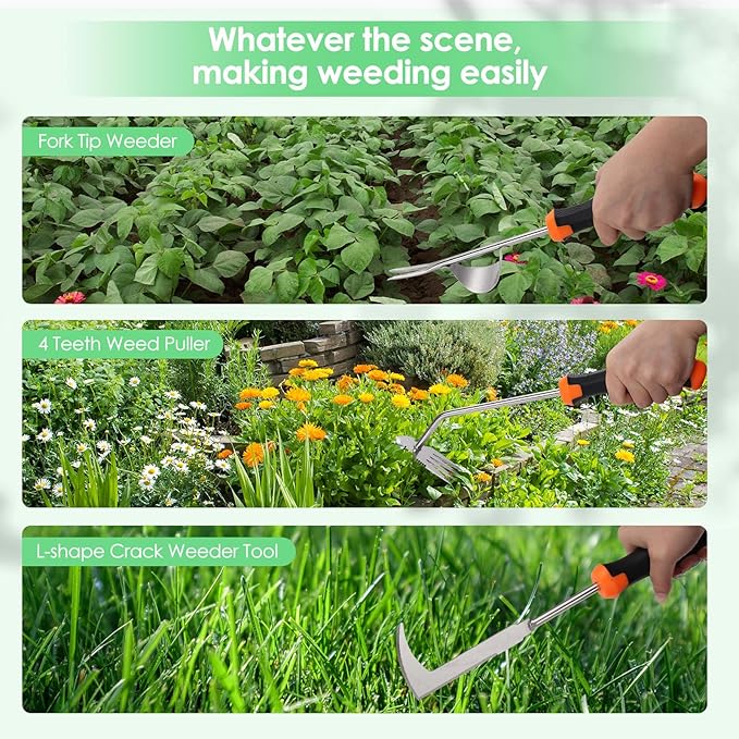 Weed Puller Tool, Set of 3, Rubber Handle Weed Remover Tool, Manual Weeder,L-Shaped Weeding Tool, Thickened Stainless Steel Crack Weeder,Planting and Weeding for Garden, Patio, Backyard Farm