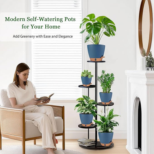 Self Watering Pots for Inoor Ourdoor Plants 8/7/6.5/6/5 Inch Plastic Planters with Drainage Holes & Water Level Indicator, Decorative House Flower Nursery Planting Pots with Saucers (Navy Blue)