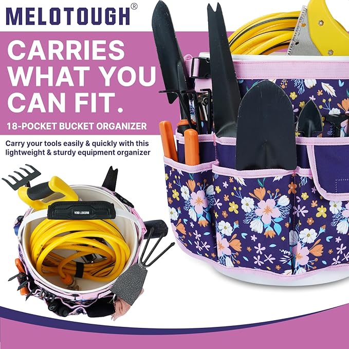 MELOTOUGH Bucket Caddy Organizer Bucket Tool Organizer for Garden Tools Fit 3.5 to 5 Gallon Bucket (Purple Flower)