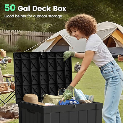 50 Gallon Storage Box, Waterproof Deck Box for Indoor & Outdoor Use, Lockable Pool Storage Bin for Package Delivery, Outdoor Bench for Patio Cushions, Garden Tools, Backyard, Black