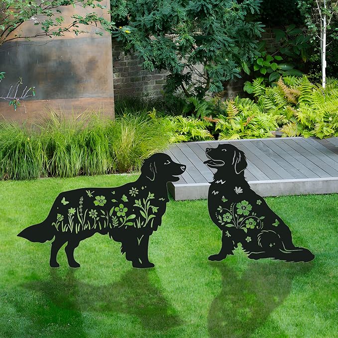 Golden Retriever Metal Garden Stakes Yard Decor, 2PCS Black Dog Silhouette Statues Garden Decorative Gifts for Yard Art, Patio, Outside, Lawn Ornaments, Backyard, Christmas