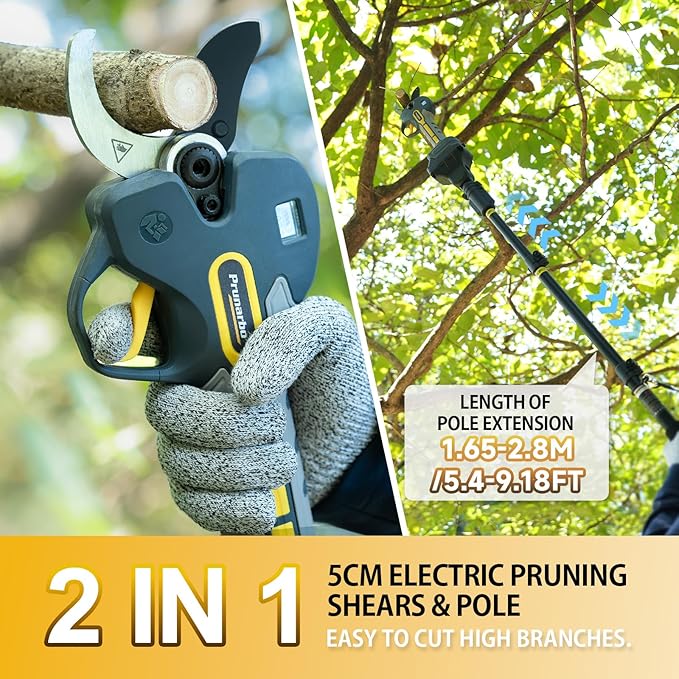 2-in-1 Pole Pruning Shears Cordless, 50mm 2" Cutting Diameter Electric Secateurs & 9.2ft Reach Telescopic Rod Compatible with Makita 18V Battery Powered Pruner Professional for Tree Trimming