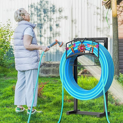 Garden Hose Holder, Freestanding Water Hose Holder with Storage Basket, Heavy Duty Metal Hose Reels Hanger Stand Organizer with 4 Spikes for Outside Yard Lawn Black