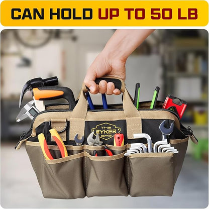 The Ryker Heavy Duty Tool Bags for Men/Women. 14 Inch Small Wide Mouth Mechanic/plumber/Contractor/Electrician Tool Bag Organizer 22Pockets Soft Portable Tools Bags Organizer Toolbag for plumbing