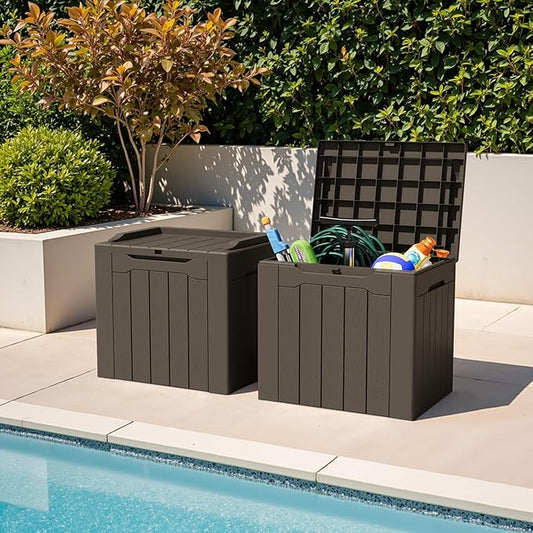 Greesum 31 Gallon Deck Box for Outside, All Weather Outdoor Storage Boxes for Patio Furniture Set, Package Delivery Box, Garden Tools, Brown(Set of 2)