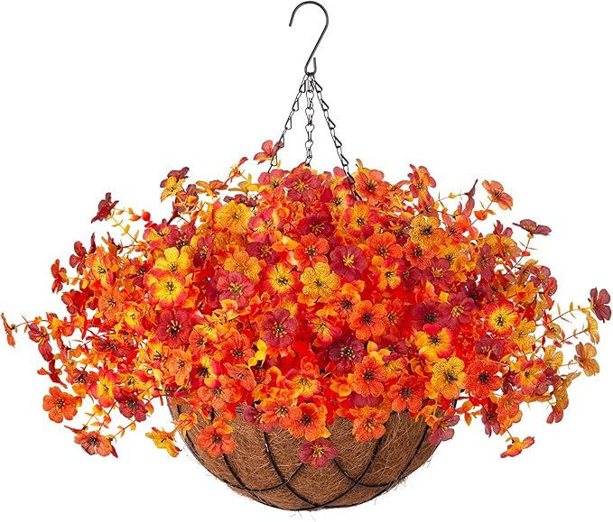 Fake Mums Artificial Fall Flowers with Hanging Baskets Outdoors for Decoration Faux mums for outdoor planters Daisy Flower with Eucalyptus Leaves for Porch Home Patio Balcony and Yard Autumn Decor