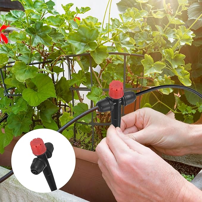 30-Pack Drip Irrigation Emitters Sprayers, Drippers on 5"/13mm Stake Adjustable 360 Degree Water Flow 8 Holes for 1/4" Drip Irrigation Tubing for Watering System [Red, Drip]