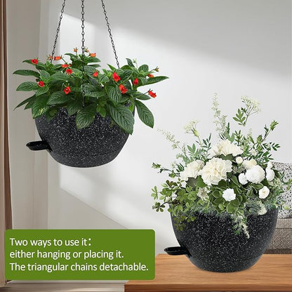 WOUSIWER Self Watering Hanging Planters, 2 Pack 12'' Plastic Pots with Drainage Holes & Reservoir Tray (Speckled Black) | Indoor & Outdoor Use for Ferns, Ivy, Herbs, Succulents