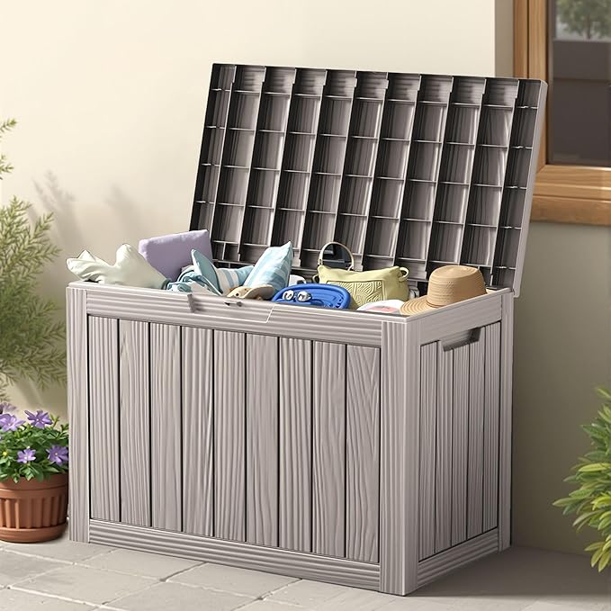 45 Outdoor Storage Box, Waterproof Resin Deck Box with Side Handles, Lockable Outdoor Bench for Indoor & Outdoor Use, Storage Bin for Patio Cushions, Garden Tools, Package Delivery, Grey