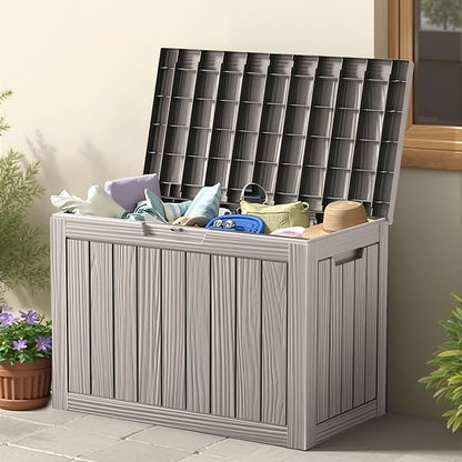 45 Outdoor Storage Box, Waterproof Resin Deck Box with Side Handles, Lockable Outdoor Bench for Indoor & Outdoor Use, Storage Bin for Patio Cushions, Garden Tools, Package Delivery, Grey