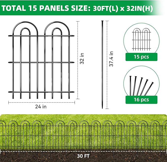 15 Panels Decorative Garden Fence, 32 in(H) X 30 ft(L) No Dig Dog Fence Outdoor for Yard, Rustproof Tall Metal Garden Fencing Animal Barrier with Ground Stakes, Temporary Fencing for Patio Outdoor