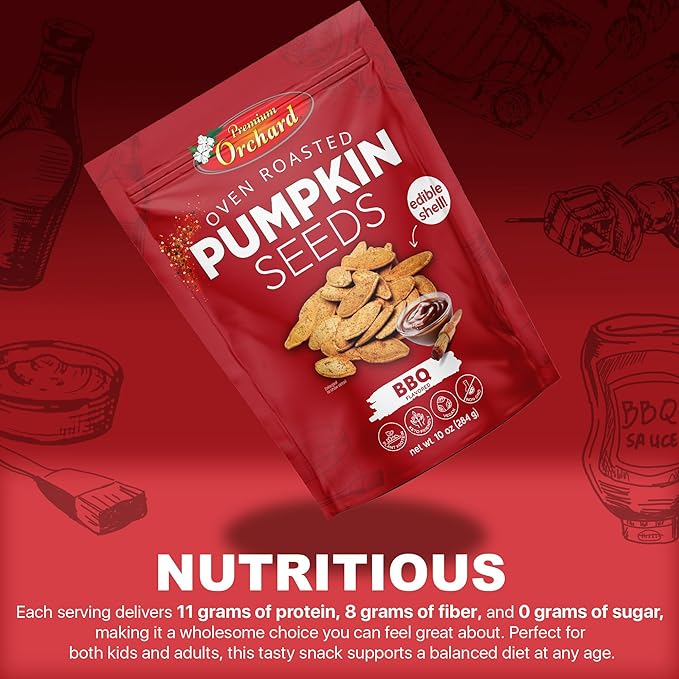 PREMIUM ORCHARD Flavored Pumpkin Seeds Oven Roasted | BBQ | High Protein Snacks for Kids and Adults | Vegan Snack | Non GMO | KETO