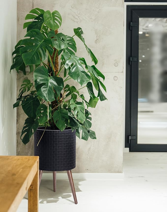 D'vine Dev 14 Inch Modern Geometric Tile Patterned Sleek Planter Pot with Stand, Indoor Outdoor Decorative Plant Holder, Matte Black, 88-Z-D-2