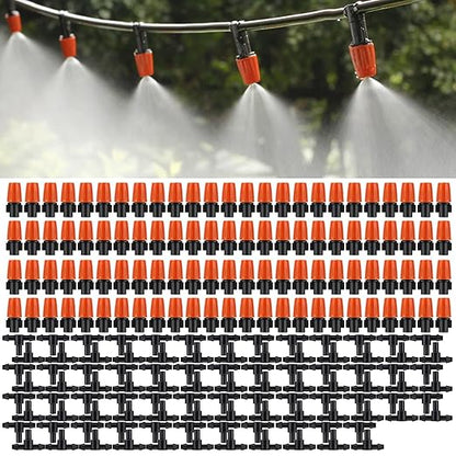 MSDADA 100pcs Micro Spray Adjustable Flow Irrigation Drippers, Garden Adjustable Sprinkler drip Irrigation Mister Heads with 3 Tee Irrigation Misting Drip Kit (Orange)