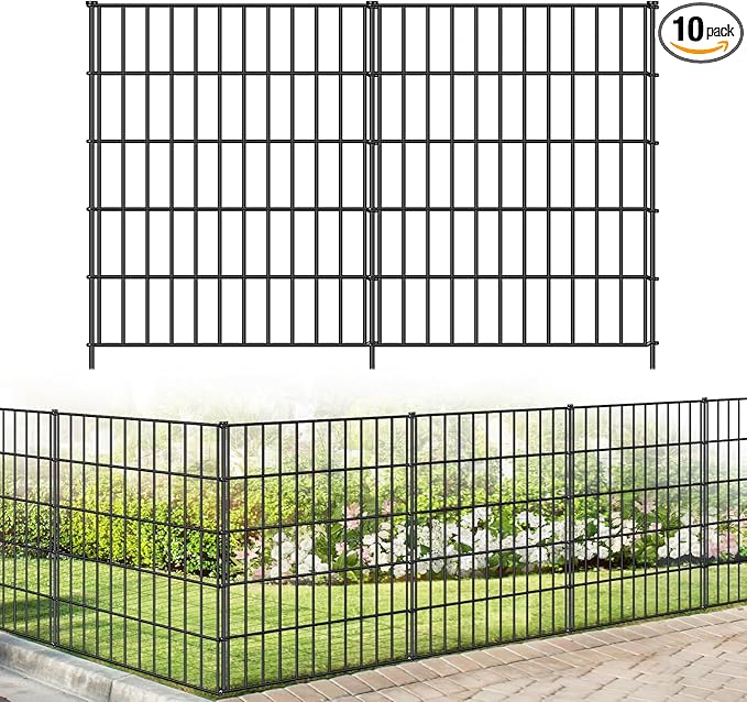 Metal Garden Fence 33.3in (H) x 23.3ft (L), 10 Panels + 11 Stakes Dog Fence Border Fence Animal Barrier, No Dig Garden Fencing for Yard Flower Bed Lawn Patio Outdoor, PIN332810 Black