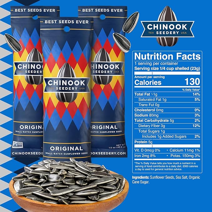 Chinook Seedery Low Sodium Sunflower Seeds – Original Flavor, Pack of 36, 1.5oz – Sunflower Seeds to Eat – Keto, Jumbo, Roasted, Baseball Snacks