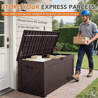 130 Gallon Deck Box Outdoor Indoor Waterproof Storage Box for Patio Furniture, Pool Accessories, Garden Tools, and Cushion Storage, Brown