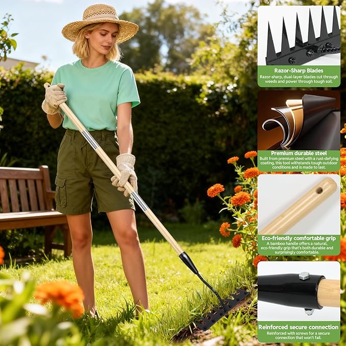 Weed Puller Tool with Long Handle - Made with Real Bamboo,8 Tines Steel Head with Weeding Rake，Gardening Hand Uprooting Weeding Tool for Removing Weeds, Loosening Soil, Cleaning Flower