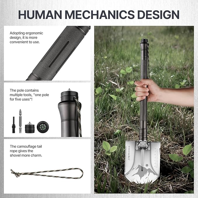Camping Shovel Survival Kit, 2.0 Version One-Click Conversion Military Grade Multifunctional Folding Tactical Shovel with Titanium Backpacing Trowel for Camping, Emergency, Gardening, Hiking
