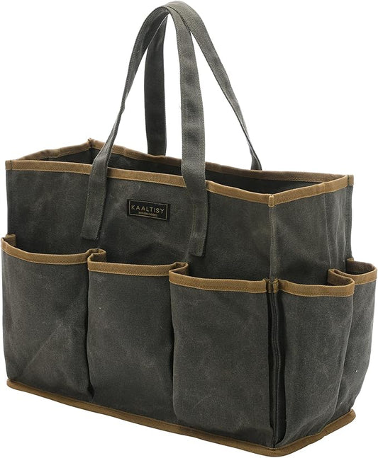 Tool Tote Bag, Heavy Duty 16oz Waxed Canvas Garden Tool Bag | Portable 11-Pocket Tool Storage Bag for Gardener Electrician Contractor Repairman (14"L x 5.5"W x 10.5"H) – Army Green
