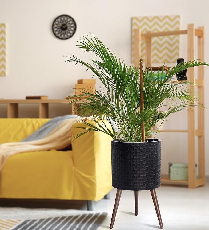 D'vine Dev 14 Inch Modern Geometric Tile Patterned Sleek Planter Pot with Stand, Indoor Outdoor Decorative Plant Holder, Distressed Black, 88-Z-D-5