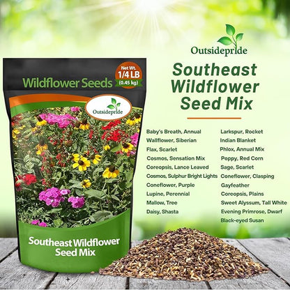 Outsidepride Southeast Wildflower Seed Mix - 1/4 lb Highly Adaptable, Easy to Grow, Low-Maintenance Mix of Annual & Perennial Wildflower Seeds for Natural Landscapes in Southeastern States